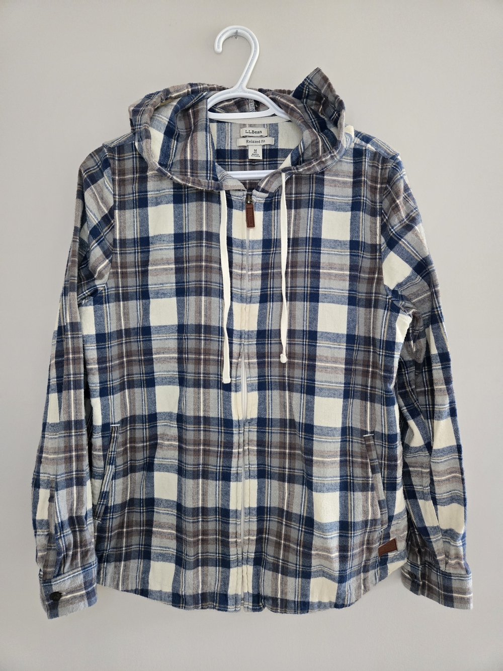 L.L. Bean scotch plaid hooded zip up shirt jacket, blue, brown + white, new